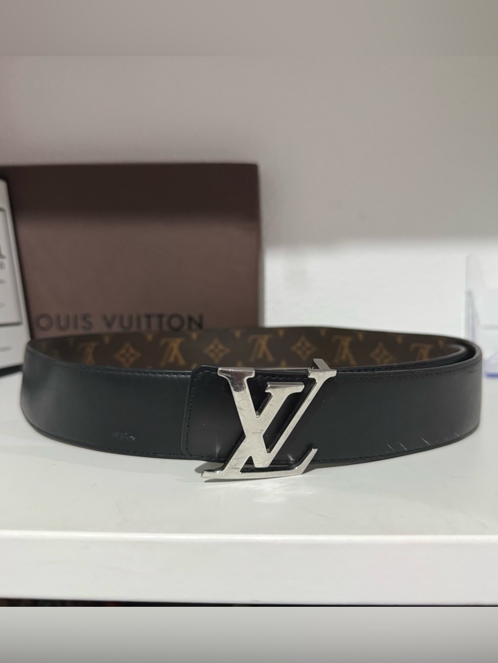 Louis Vuitton Black Leather Belt with Silver LV Buckle and Monogram Reverse